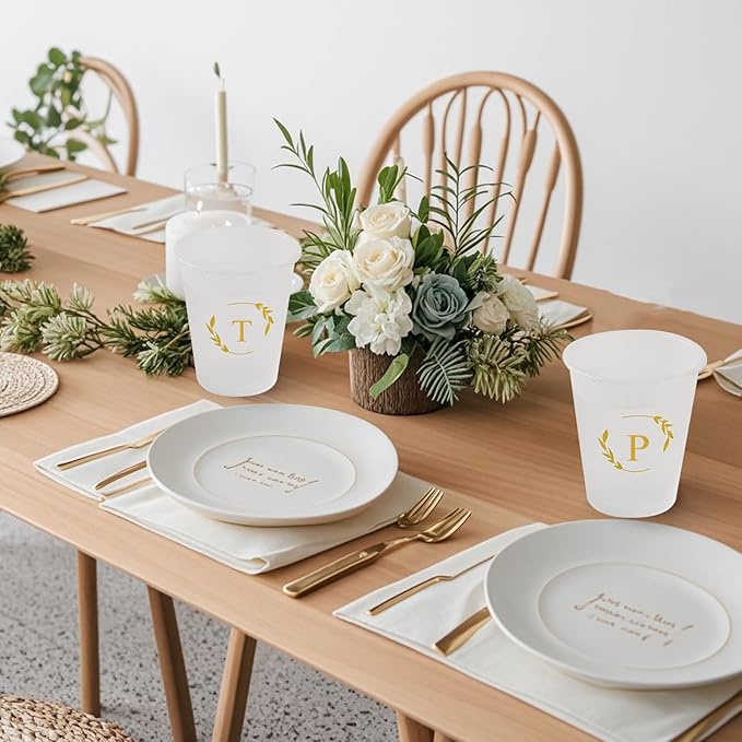 100 Monogrammed Cups Disposable Initial Plastic Cup 12 oz Wedding Personalized Cup for Wedding Reception Baby Shower Birthday Party(Letter L)