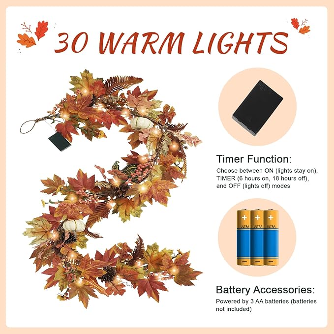 Artgar Fall Garland - 6 Ft Maple Leaf Pumpkin Berry Garland - Fall Decor Garlands with 30 Warming Lights for Thanksgiving Halloween Mantel Table Indoor Outdoor Decor