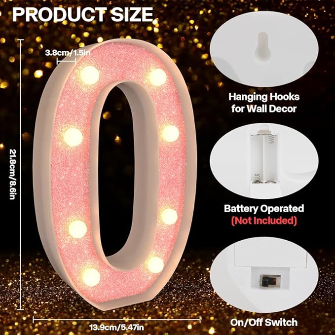 Marquee Light up Numbers 0-9, Battery Powered LED Light, Pink Glitter Plastic Sign, Night Light Decor for Graduation, Engagement, Wedding, Baby Shower, Birthday (Number 0)
