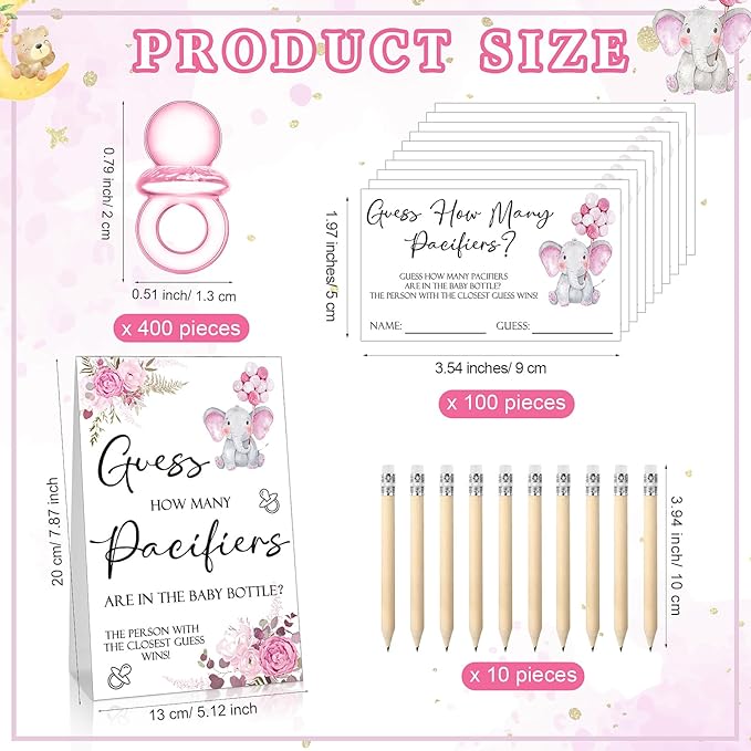 Roowest 512 Pcs Baby Shower Games Guess How Many Pacifiers Sign 100 Small Guessing Games 10 HB Pencils 750ml Milk Bottle 400 Acrylic Pacifiers Decoration for Guest Gender Reveal(Pink,Elephant)