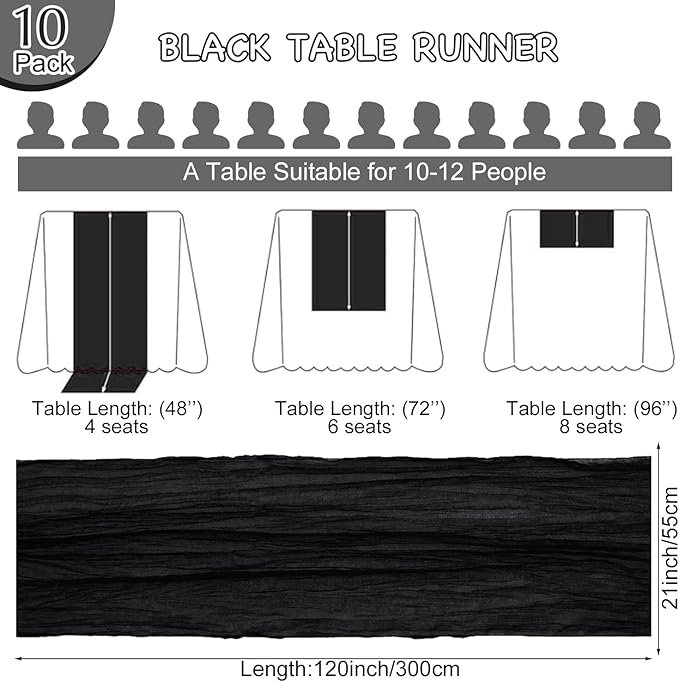 10 Pack Black Table Runner 120 Inch Cheesecloth Table Runner 10FT Boho Gauze Table Runner Long Cheese Cloth Table Runner Semi Sheer Runners for Wedding Bridal Baby Shower Party