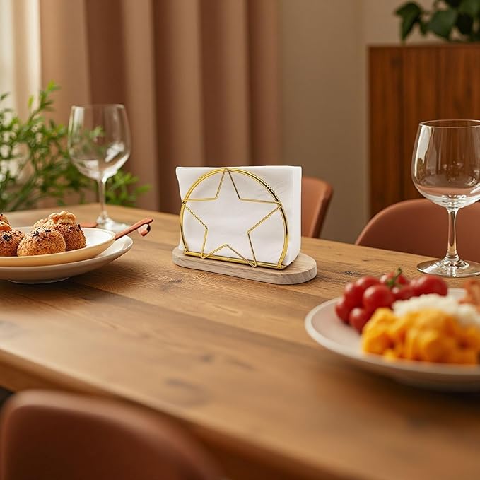 AIM & GGKK Gold Napkin Holder for Table with Wooden Base - Geometric Metal Wire Paper Napkin Holder, Modern Restaurant & Home Dining Accessories (6.14" L x 3.94" H)
