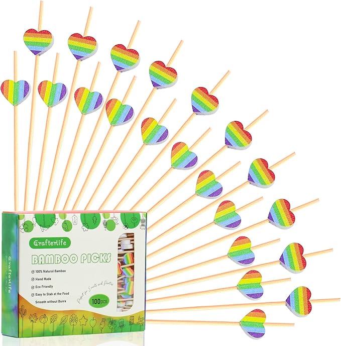 Rainbow Color Love Heart Cocktail Picks Rainbows Stripe Decoration Toothpick Drinks Fruit Dessert Sticks Food Sandwich Appetizer Charcuterie Skewer for LGBT Pride Decorations Party Supplies