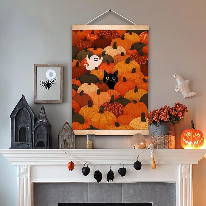 Rustic Halloween Ghost and Black Cat with Pumpkin Wall Art 18.5x14 Inch,Halloween Linen Canvas Wall Hanging Poster Decor, Retro Gothic Haunted House Theme Wall Poster for Living Room Bedroom(BLK10)