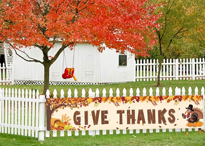 Happy Fall Banner Decorations - Give Thanks Thanksgiving Day Autumn Outdoor Indoor Party Decor Supplies