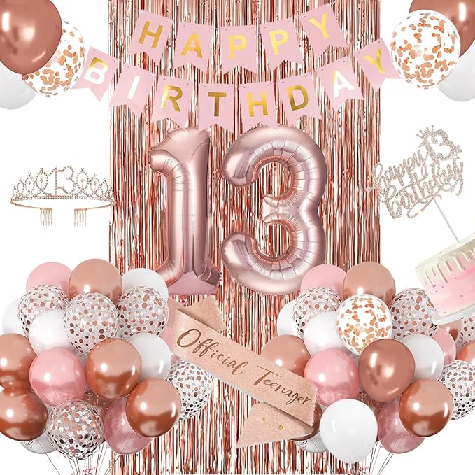 13th Birthday Decorations for Girls, Rose Gold 13th Birthday Banner, Balloon, Cake Topper, Sash and Crown, Happy 13th Birthday Party Decorations for Girls