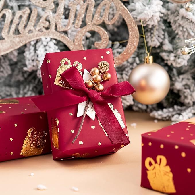 WRAPAHOLIC 3D Kraft Wrapping Paper Roll - Mini Roll - 17 Inch x 16.5 Feet - Gold and Red Christmas Presents Design with Embossed Perfect for Holiday, Party Celebration