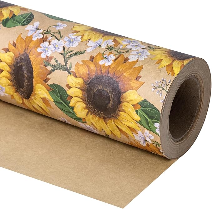 WRAPAHOLIC Kraft Floral Wrapping Paper Roll - Mini Roll - 17 Inch x 9.8 Feet - Sunflower Wrapping Paper, Perfect for Wedding, Birthday, Bridal Shower, Tea Party