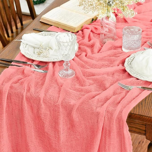 Artoid Mode Boho Cheesecloth Gauze Coral Wedding Table Runner, 120 Inch Seasonal Fabric Kitchen Dining Holiday Table Decor for Home Party Indoor