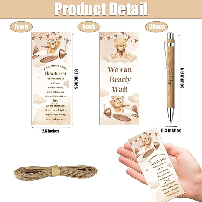 Toerifer Baby Shower Favors for 30 Guests, Baby Shower Set Gift Included 30 Pcs Bamboo Pens 30 Pcs Greeting Cards, Gender Reveal Souvenirs Prizes, Brown Bear We Can Bearly Wait Decor