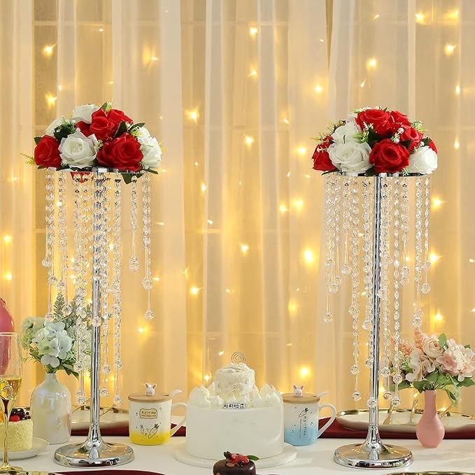 10 Pcs Wedding Centerpieces Vase, 21.6" Silver Metal Flower Holders Centerpiece Vase with Chandelier Crystal,for Reception Tables Décor Wedding Anniversary Party Events