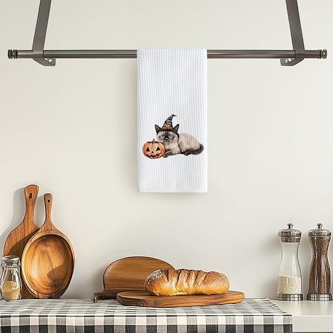 TNUW Halloween Witchy Siamese Cat Pumpkin Kitchen Towels 16x24 Inch, Siamese Cat Gifts Dish Tea Towels for Kitchen, Halloween Witch Kitten Spooky Pumpkin Decorative Hand Towel for Bathroom Decor