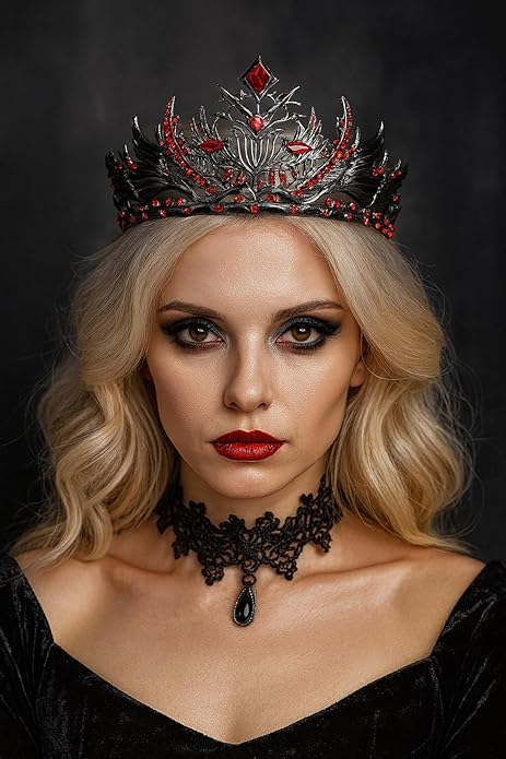 Gothic Red Crystal Flame Wing Tiara Crown for Women Girls, Halloween Cosplay Dark Queen Headpiece, Vintage Rhinestone Headband for Masquerade Party Wedding Prom Stage Accessories