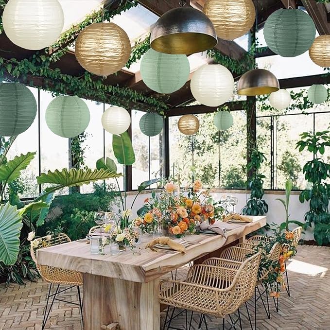 Paper Lanterns Decorative, Round Hanging Paper Lanterns Decorations for Rustic Party Bridal Shower Wedding Sage Green Birthday Party Supplies Gold/Ivory/Sage Green 15pcs