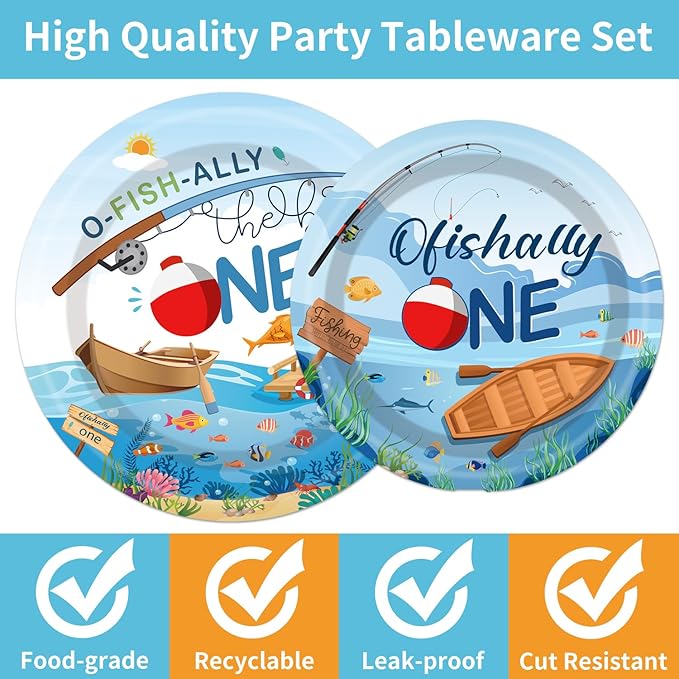 Ofishally One Birthday Party Decorations- 96PCS O Fishally One Plates and Napkins Party Supplies Fishing First Birthday Decorations 1st Fish Themed Disposable Paper Tableware Set Serves 24 Guests