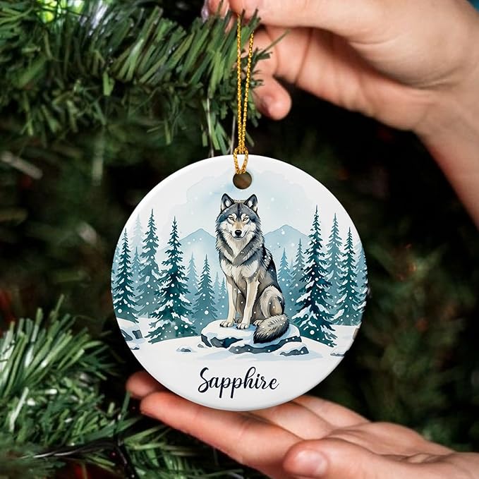 Personalized Wolf Wild Animal Ornament 2025, Winter Animal Keepsake, Gift for Friends Coworkers Him Her, Animals Decoration for Christmas Birthday Holiday, Customized Name Wolf Ceramic Ornament