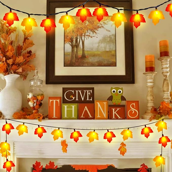 Abeja Fall Maple Leaf Lights, 8.5FT LED Leaf String Lights with 10 3D Orange Yellow Leaves, Indoor Outdoor Fall Lights for Bedroom Thanksgiving Party Garden Patio