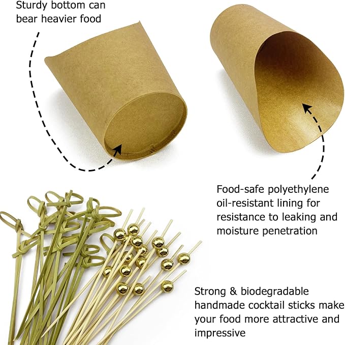 CAMKYDE 50 Charcuterie Cups + 200 Cocktail Picks + 56 Labels, 12 oz Disposable Charcuterie Cups with Sticks (2 Types), French Fry Cup Brown Paper Appetizer Cup for all Occasions