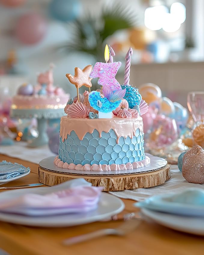 Mermaid Themed Birthday Candles, Number 3 Girls Glitter Birthday Party Supplies,Anniversary Party Decor,2.87 inch Cake Topper Decorations (Mermaid Themed, Number 3)