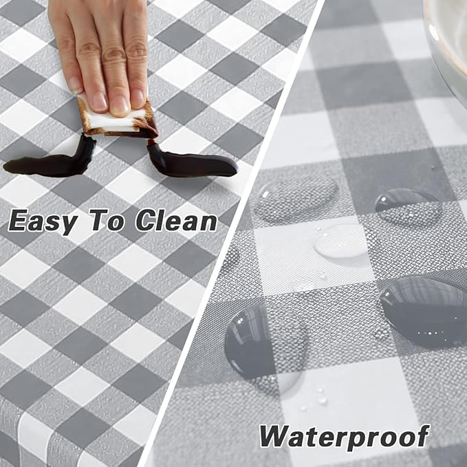 Buffalo Plaid Vinyl Tablecloth with Flannel Backing Rectangle 52 x 70 Inch, Waterproof & Anti Slip Checkered Table Cloth, Plastic Table Cover for Dining, Party, Indoor, Outdoor, Grey and White