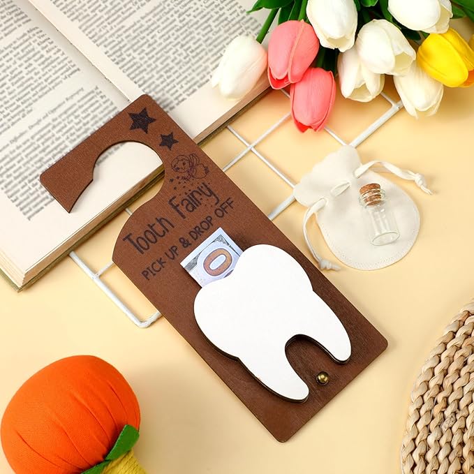 Tooth Fairy Holder Bag Hanger with Money Slot Keepsake Bottle Velvet Pouch Tooth Fairy Box Encourage Gift for Lost Teeth Boy Girl Milk(Classic,White)