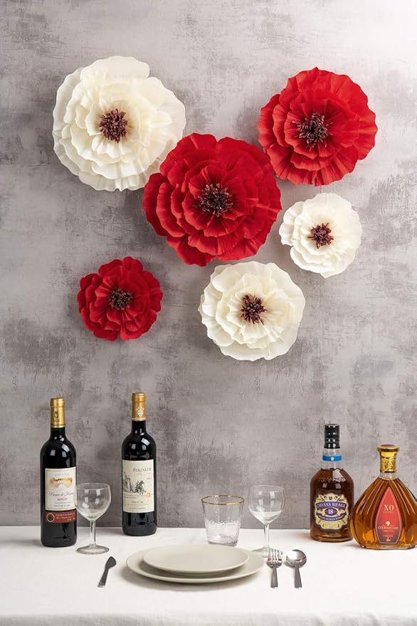 Paper Flower Decorations for Wall, Flower Wall Decor for Birthday Wedding Backdrop Baby Nursery Wall Decor Baby Showers Bridal Shower (Red+White, 6Pcs)