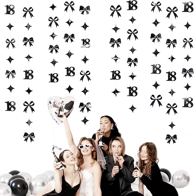 Black 18th Bow Birthday Decorations Glitter Conquette Bow Garland Streamer Banner Backdrop for Girls Boys Happy 18th Birthday Time to Adult Cheers to 18 Years Old Anniversary Party Supplies