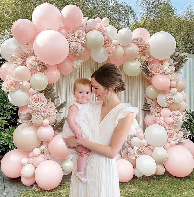 Pink White Balloon Garland Double Stuffed Pink Beige Cream Peach Pastel Balloon Arch Kit Pearl Sand White Balloons for Girl Baby Shower Birthday Wedding Anniversary Party Decoration