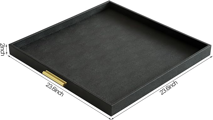 HofferRuffer Extra Large Square Serving Tray, Elegant Faux Leather Ottoman Tray with Gold Hardware Handles, Serve Tea, Coffee or Breakfast in Bed, 24 x 24 inches (Black Shagreen)