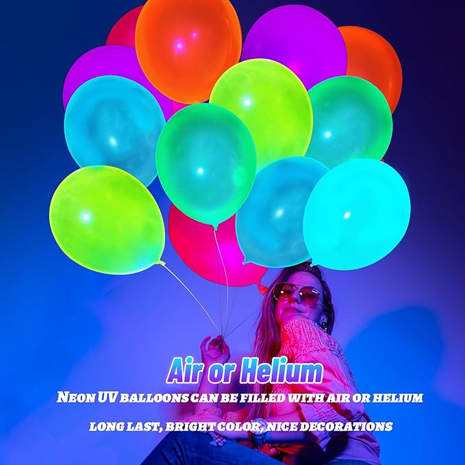 100 Pcs UV Neon Balloons, Blacklight Reactive Fluorescent Balloons 80s Theme Party Decorations Glow in the Dark for Birthday, Wedding, Neon Party, Glow Party Decorations Supplies