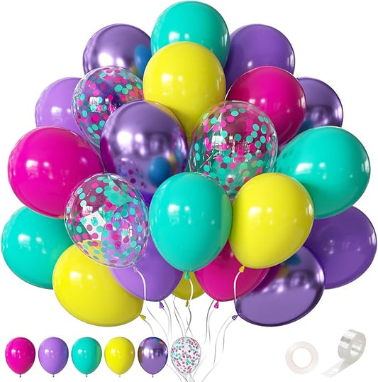 Pink Blue Purple Balloon, 60 Pcs 12 Inches Hot Pink Metallic Purple Yellow Confetti Balloons for Birthday Party Decoration Baby Shower Girls Birthday Party Supplies