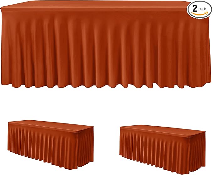 HolidayIdeas 2 Pack Spandex Table Skirts for 6 Foot Rectangle Table, Fitted Stretch 30x72 Inch Cover for Thanksgiving Decorations, Vendor Events, Rust