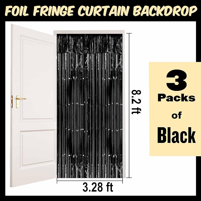3 Pack Black Foil Fringe Curtains Backdrop, 3.28 x 8.2 Ft Metallic Streamers Tinsel Curtains Background for Photo Booth, Birthday, Halloween, Christmas, Thanksgiving, New Year Party Decorations