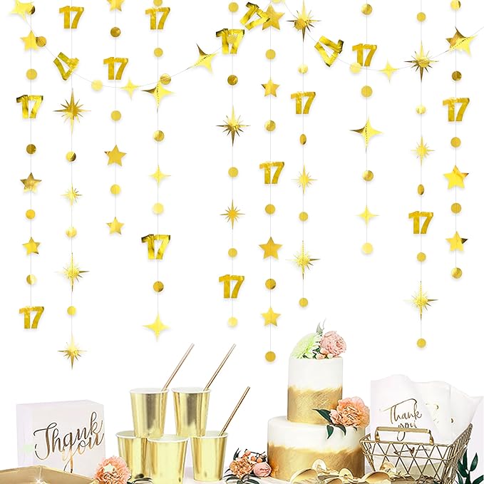 Gold 17th Birthday Decorations Number 17 Circle Dot Star Garland Streamer Bunting Banner Backdrop for Girls Boys Seventeen Years Old Bday Cheers to 17 Years Happy 17th Anniversary Party Supplies