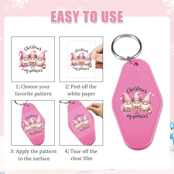 Christmas UV DTF Stickers - 80 Sheets Pink Watercolor Christmas UVDTF Decals for Motel Keychain, Xmas Bow Gnome Santa Snowman Rub on Transfer Stickers DIY Hotel Keychain Blank Crafts