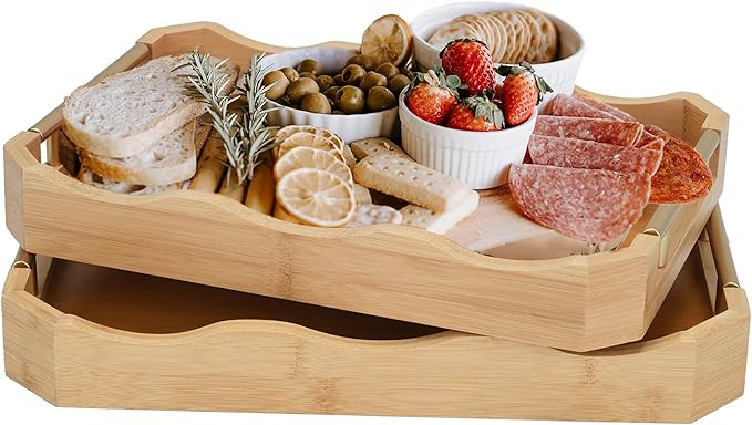 2 Pack Bamboo Trays with Handles - Decorative Stackable Ottoman & Serving Trays for Coffee Table, Breakfast in Bed, Couch Snacking, Home Decor (Varnished)