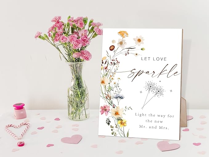 Flower Let Love Sparkle Sign, Sparkler Send Off Sign, Wedding Decorations for Reception, Bridal Shower Party Decor, Table Centerpieces for Party, 6X8 Inch Wooden Bridal Shower Signs with Stand, 21