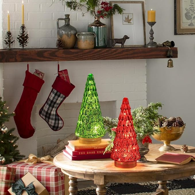 PHITRIC Christmas Decorations Indoor, 2 PCS Sparkling Glass Christmas Tree Table Centerpieces Decor with LED Lights and Timer, Xmas Tree Decorations for Home, Mantel, Shelf, Tabletop (Red & Green)