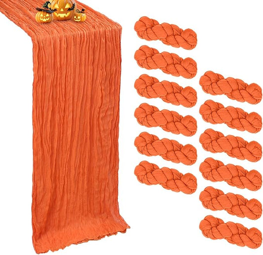 12 Pack Fall Table Runner Orange Cheesecloth Table Runner 10FT Boho Cheese Cloths Gauze Fabric 120 Inch Rustic for Thanksgiving Wedding Birthday Party Baby Shower Decorations