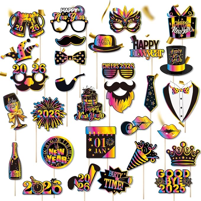Glitter New Year’s Photo Booth Props 2026 - Pack of 30 | Eve 2026, Happy Decorations Party Supplies