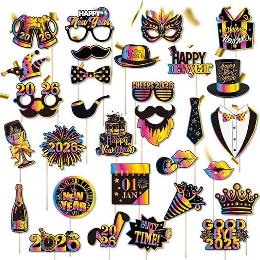 Glitter New Year’s Photo Booth Props 2026 - Pack of 30 | Eve 2026, Happy Decorations Party Supplies