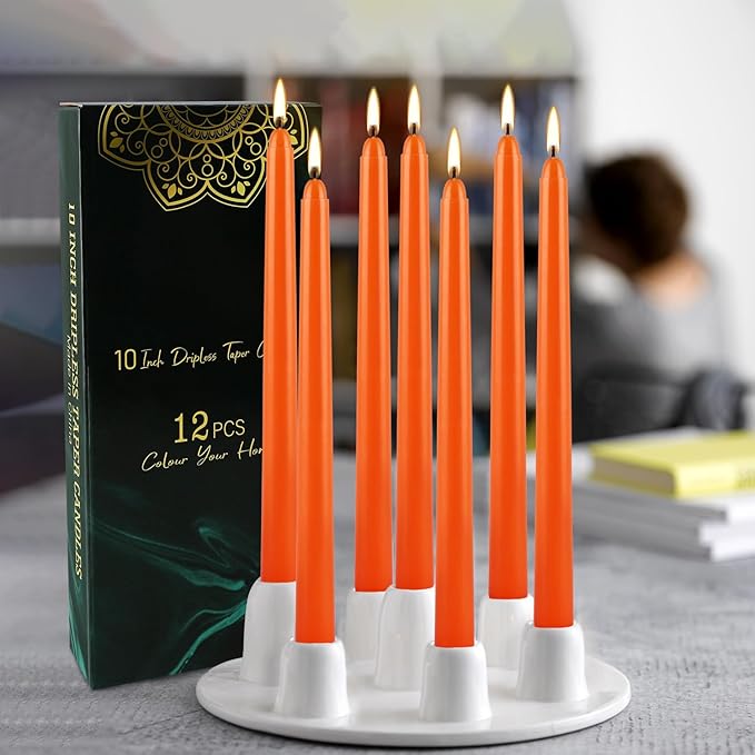 12-Pack Orange Taper Candles - 10 Inch Unscented Dripless Candlesticks, Long Burning for Halloween, Thanksgiving, Fall Decor & Dinner Parties