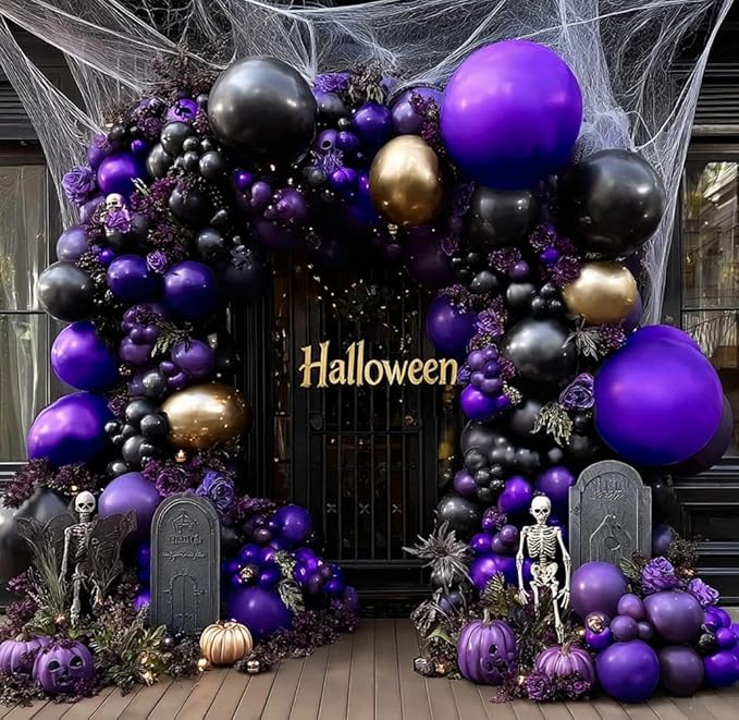 Purple Black Gold Balloon Garland Double Stuffed Dark Purple Black Balloons Metallic Lilac Balloon Arch Kit for Birthday Halloween Prom Vampire Anniversary Party Decoration