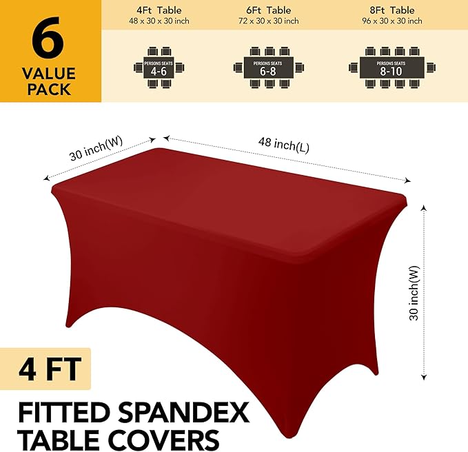 6-Pack Premium Red Spandex Tablecloths for 4ft Rectangle Tables, Stain & Wrinkle-Resistant, Washable Stretch Polyester Fitted Table Cover for Weddings, Banquets, Trade Shows Events