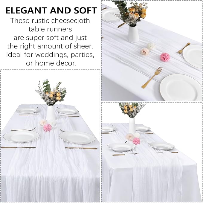 12 Pack White Cheesecloth Table Runner 10FT Boho Gauze Cheese Cloth Fabric 35 x 120 Inch Rustic Sheer Runner for Christmas Wedding Decor Baby Shower Party Boho Decoration