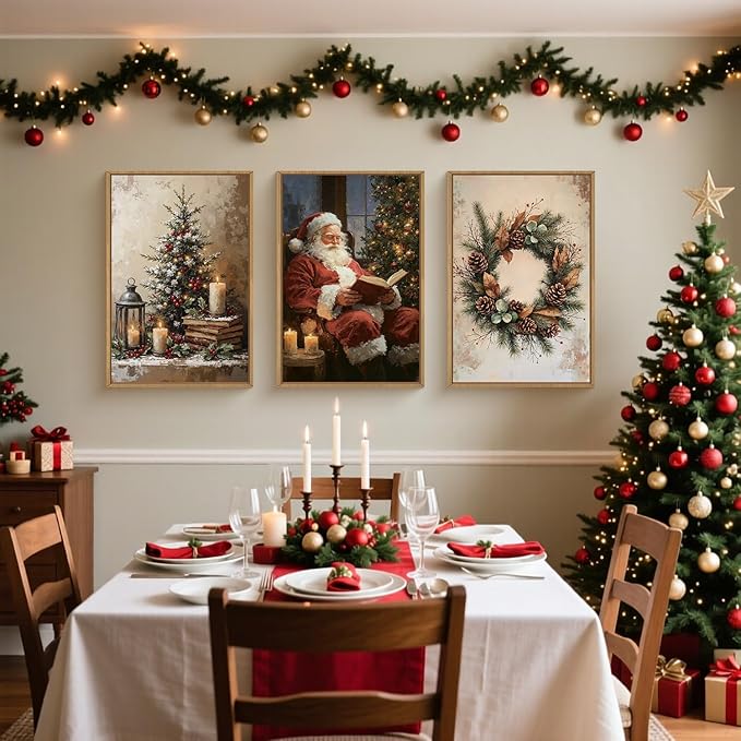 HOURIA Vintage Christmas Framed Canvas Wall Art Set,Santa Claus Reading Book Decor, Wreath Pinecone Berries Artwork,Cozy Night Tree Candle Lantern Prints for Living Room,Xmas 16"x24"x3