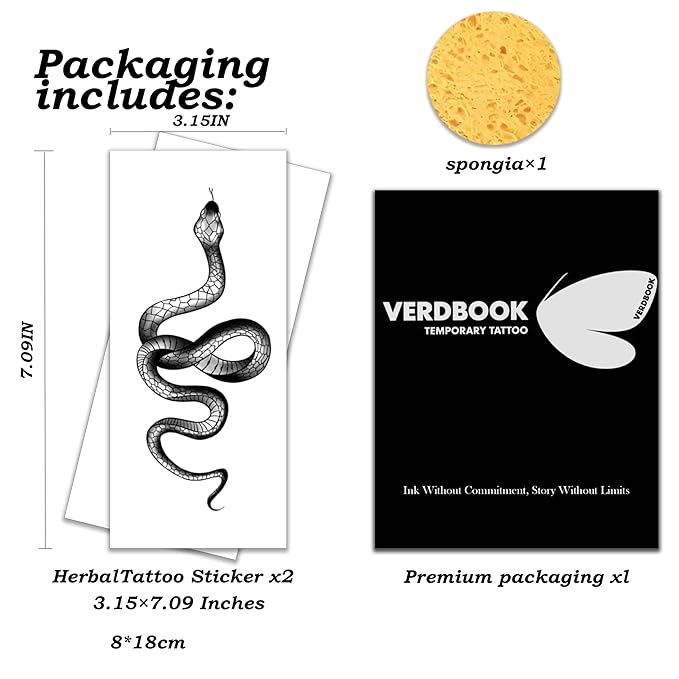 Waterproof Temporary Tattoos: 2-Sheet Tattoo Kit with Realistic Body Stickers, Semi-Permanent Tattoos for Adults Lasting 7-15 Days – Safe for Men & Women, Serpent Whisper
