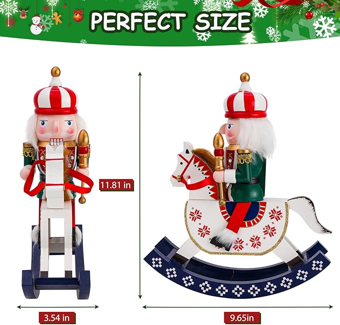 11" Wooden Rocking Horse Soldier Nutcracker, Festive Christmas Decoration, Handcrafted Nutcracker Collectible Christmas Decor for Tabletop, Shelves, and Fireplace Mantel