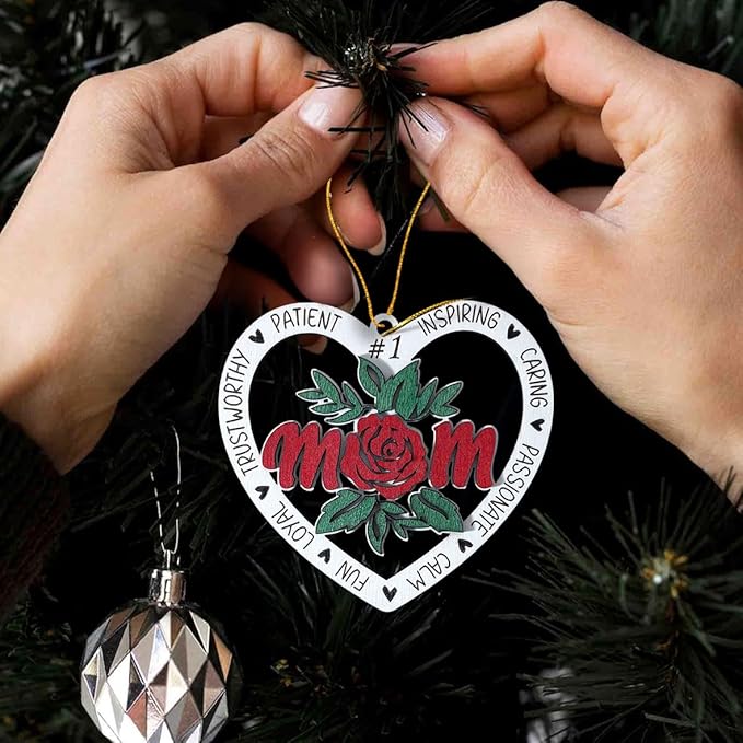 Best Mom Christmas Ornament – Heart Shaped Wooden Hanging Decoration with Rose Design, Gift for Mother, Sentimental Keepsake Ornament for Mom, Mother’s Day or Holiday Tree Decoration