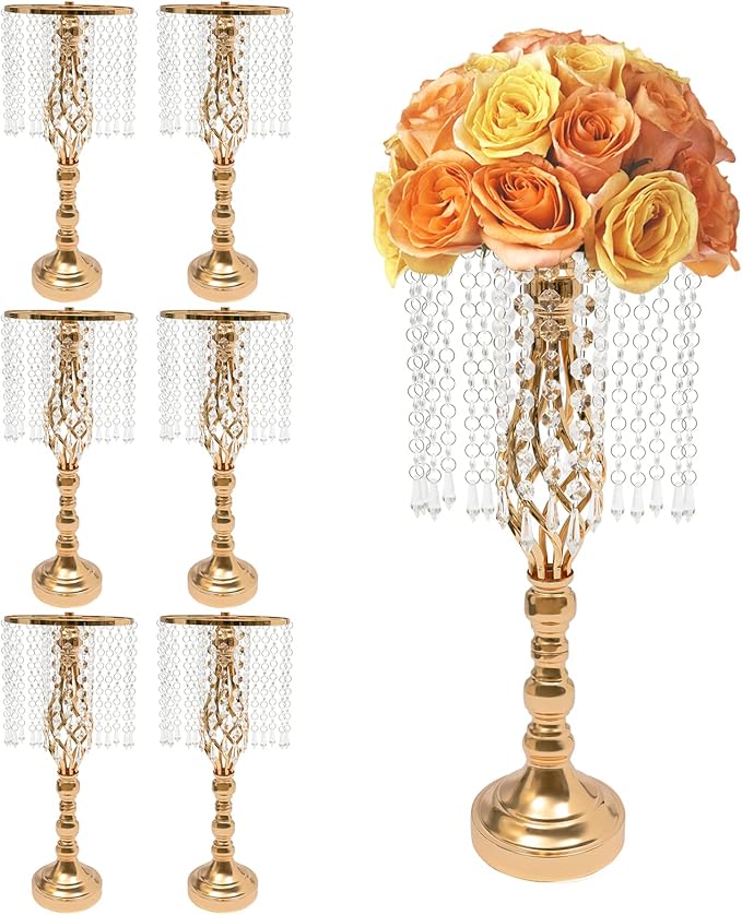 Wedding Centerpieces Gold Vases,6PCS Metal Flower Candle Holder with Sparkling Crystal Beads,Crystal Flower Vase Metal Flowers Stand for Party Tables Decorations (6PCS-Gold)